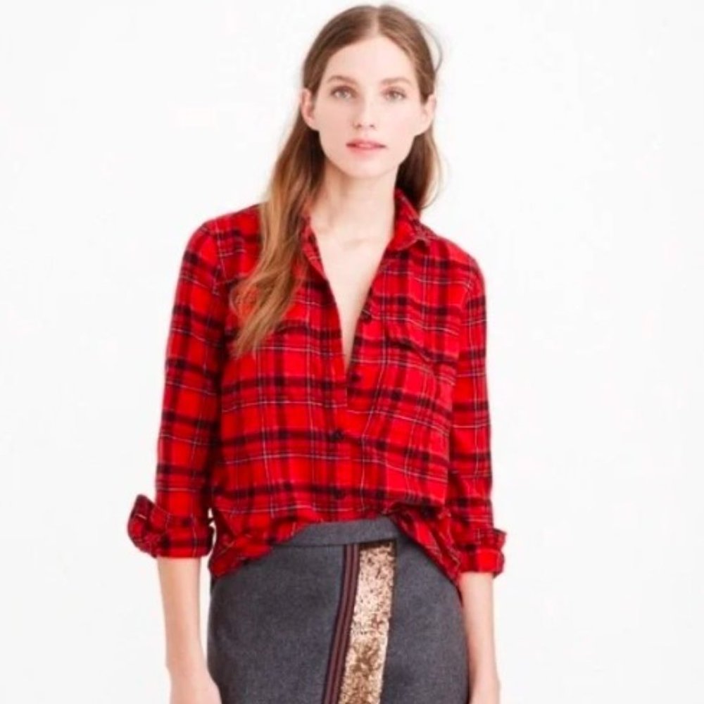 J. Crew Red and Black Windowpane Plaid Flannel Button Down